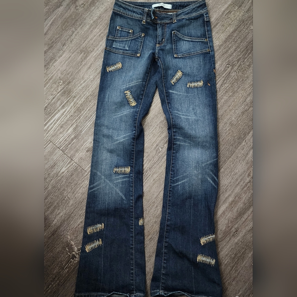 Blue Flare Wide Leg Jeans with Distressing